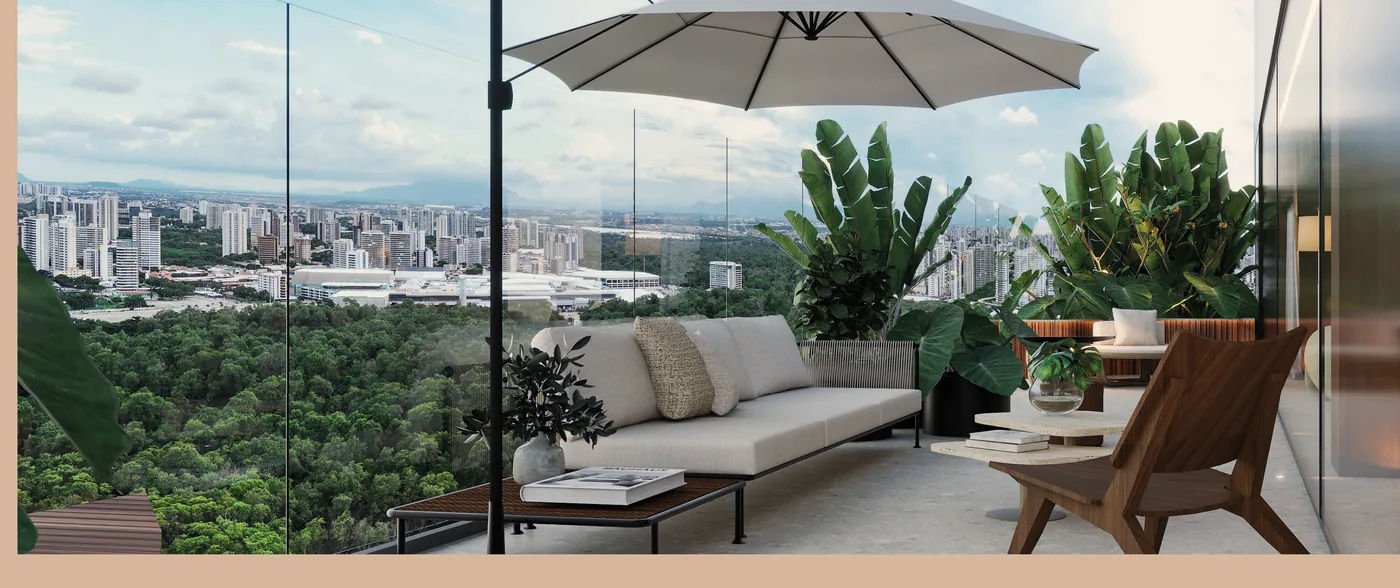 Lounge no rooftop, com terraço voltado para o Parque do Cocó e a cidade ao fundo