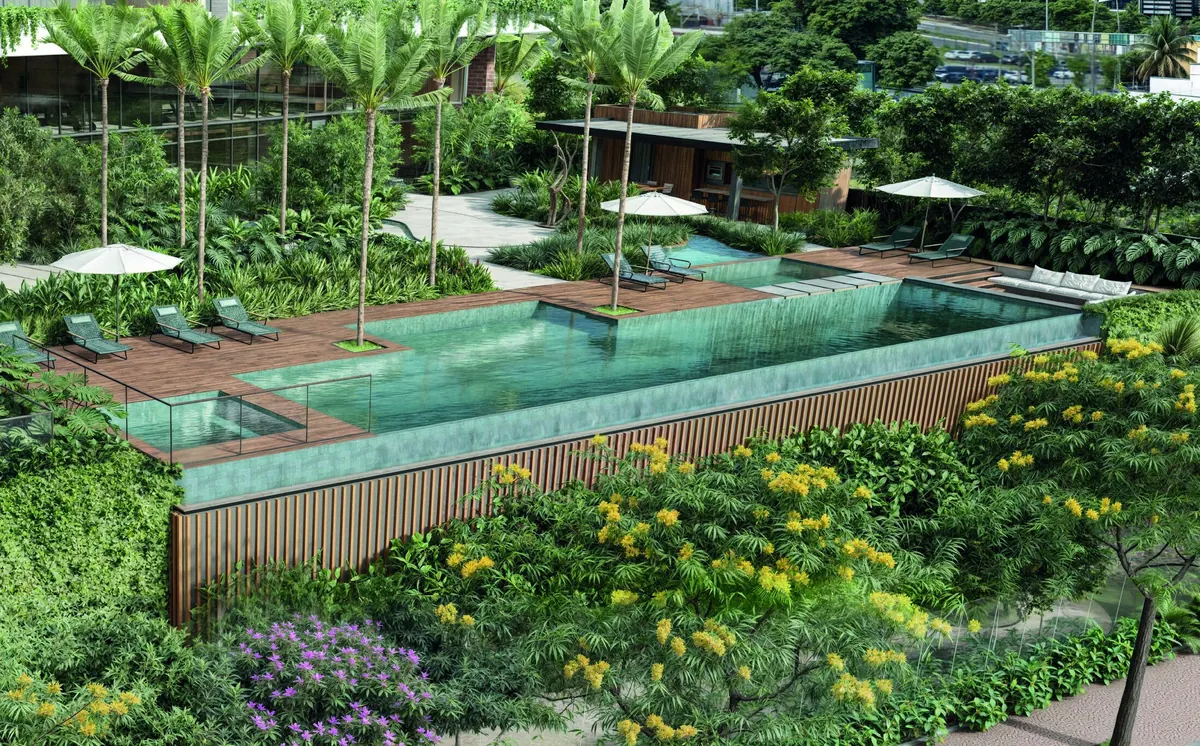 Piscina com deck e paisagismo